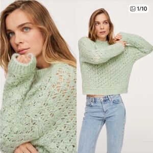 Mango Openwork Knit Pom Pom Chunky Ribbed Neck/Cuffs/Hem Pastel Green Sweater, L